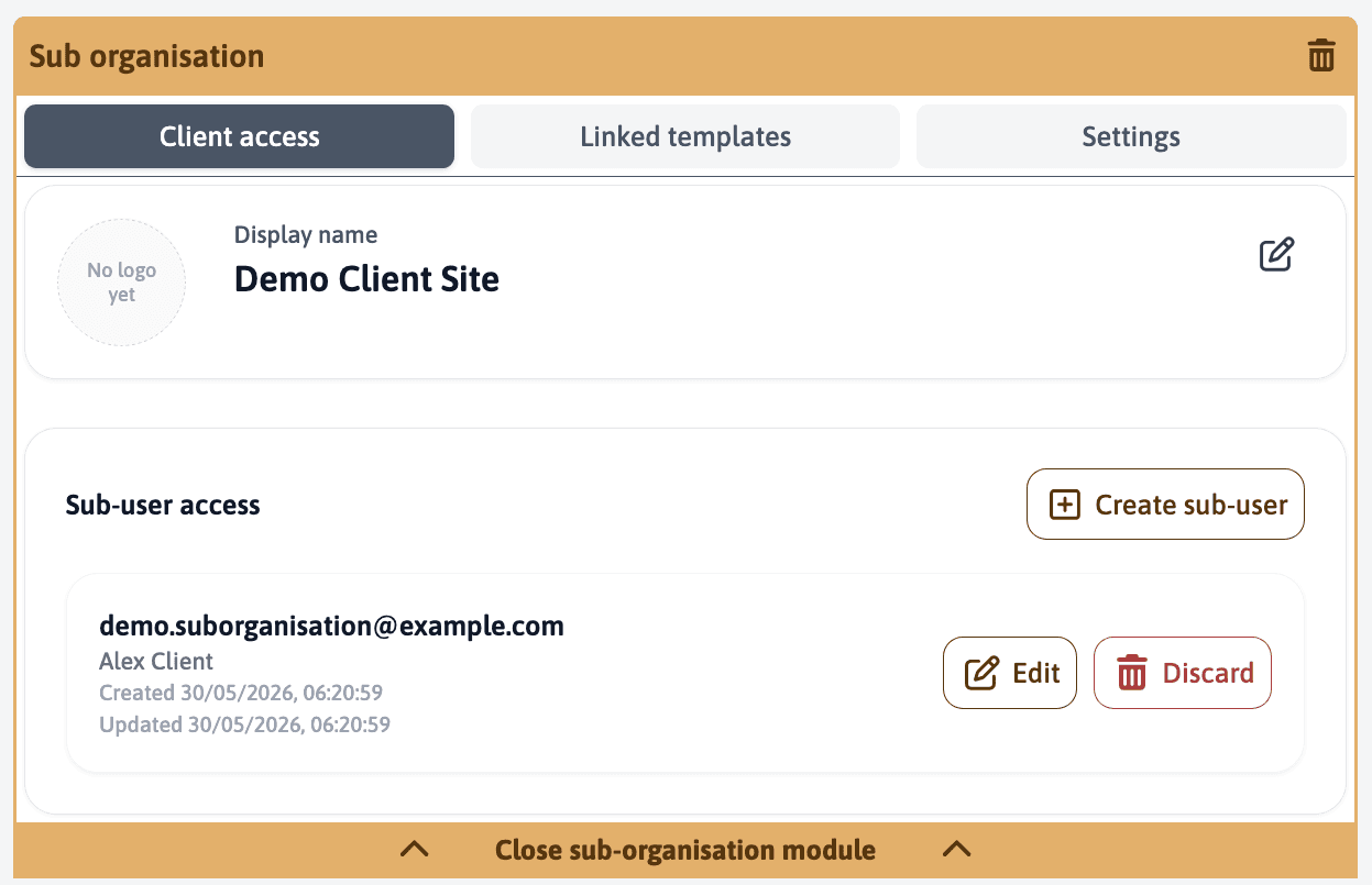 Client access tab with display name and sub-user list