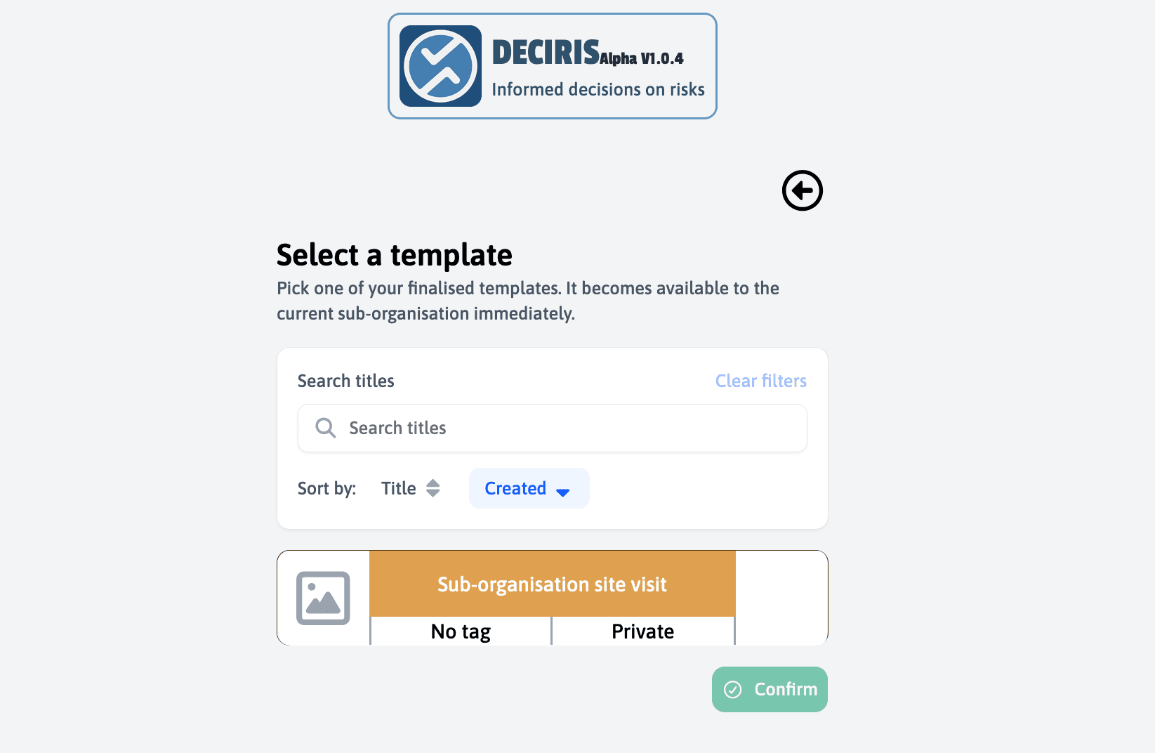 Template selection page for a sub-organisation