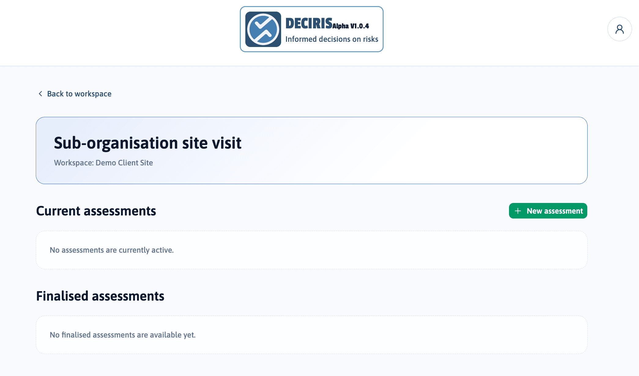 Assessment template page with current assessments