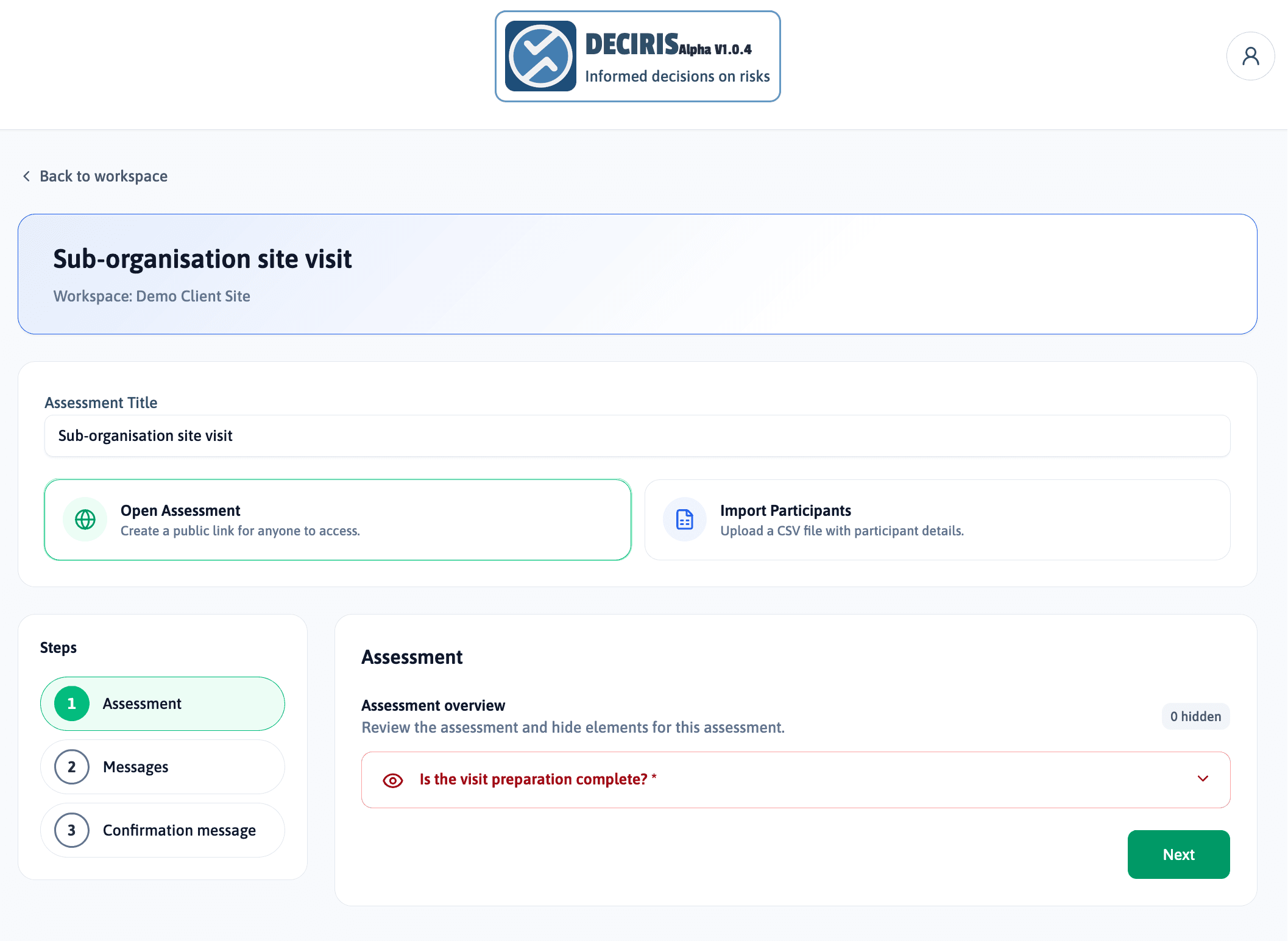 Assessment questionnaire review page